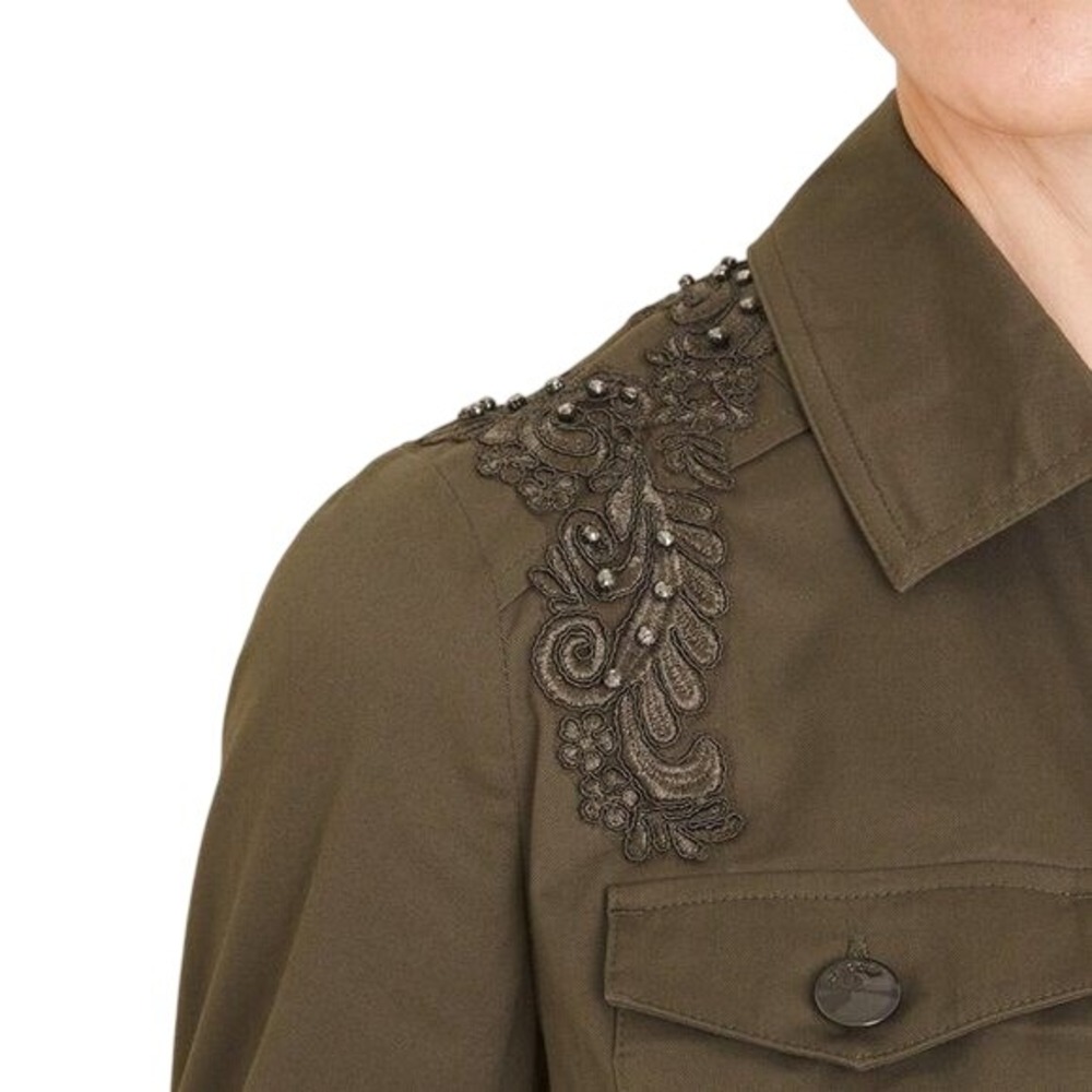 Chico's Utility Jacket Womens 2P Olive Green Excellent Beaded Floral Embroidery - Picture 2 of 9